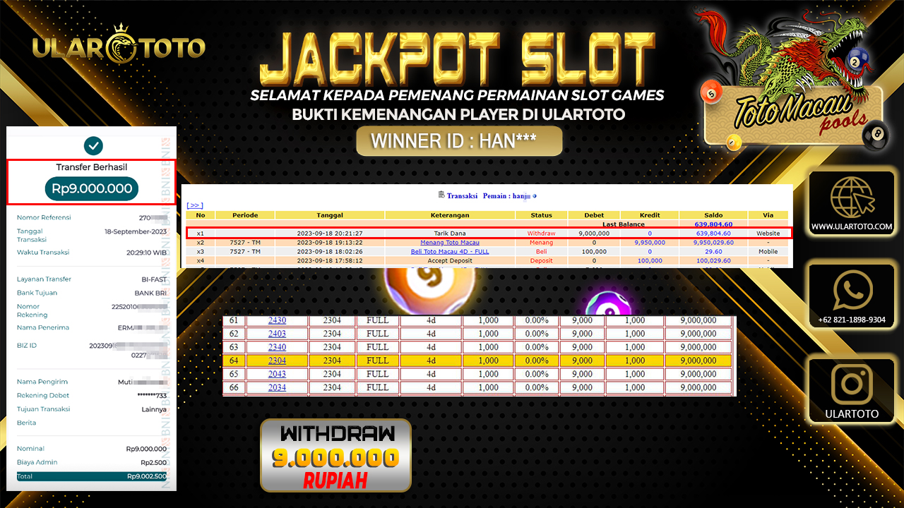 BUKTI PEMBAYARAN ULARTOTO TOTO MACAU POOLS 21 SEPTEMBER 2023 Rp. 9.000.000, - LUNAS