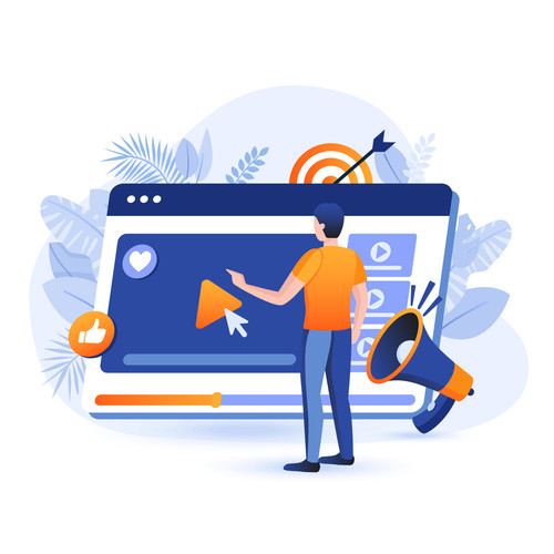 Video marketing scene. Man stands in front of huge video player. Advertising, targeting, promotion o.jpg