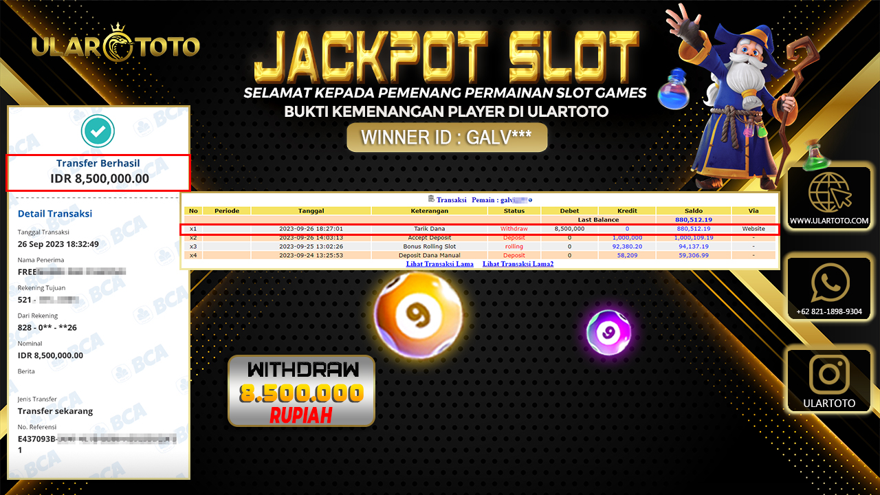 BUKTI PEMBAYARAN ULARTOTO HARI INI SLOT GAMES 27 SEPTEMBER 2023 Rp. 8.500.000, - LUNAS