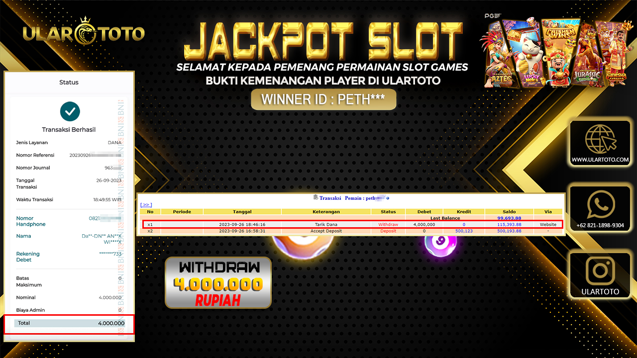 BUKTI PEMBAYARAN ULARTOTO HARI INI SLOT GAMES 27 SEPTEMBER 2023 Rp. 4.000.000, - LUNAS