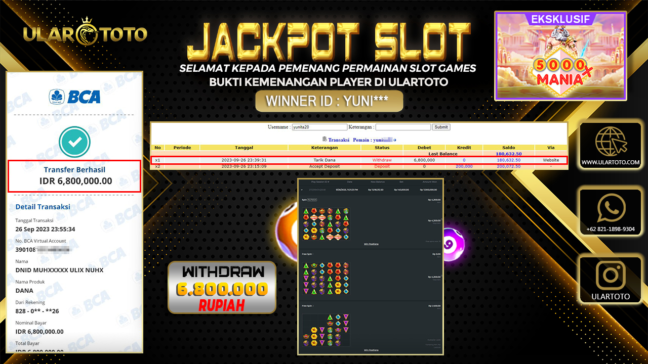 BUKTI PEMBAYARAN ULARTOTO HARI INI SLOT GAMES 27 SEPTEMBER 2023 Rp. 6.800.000, - LUNAS