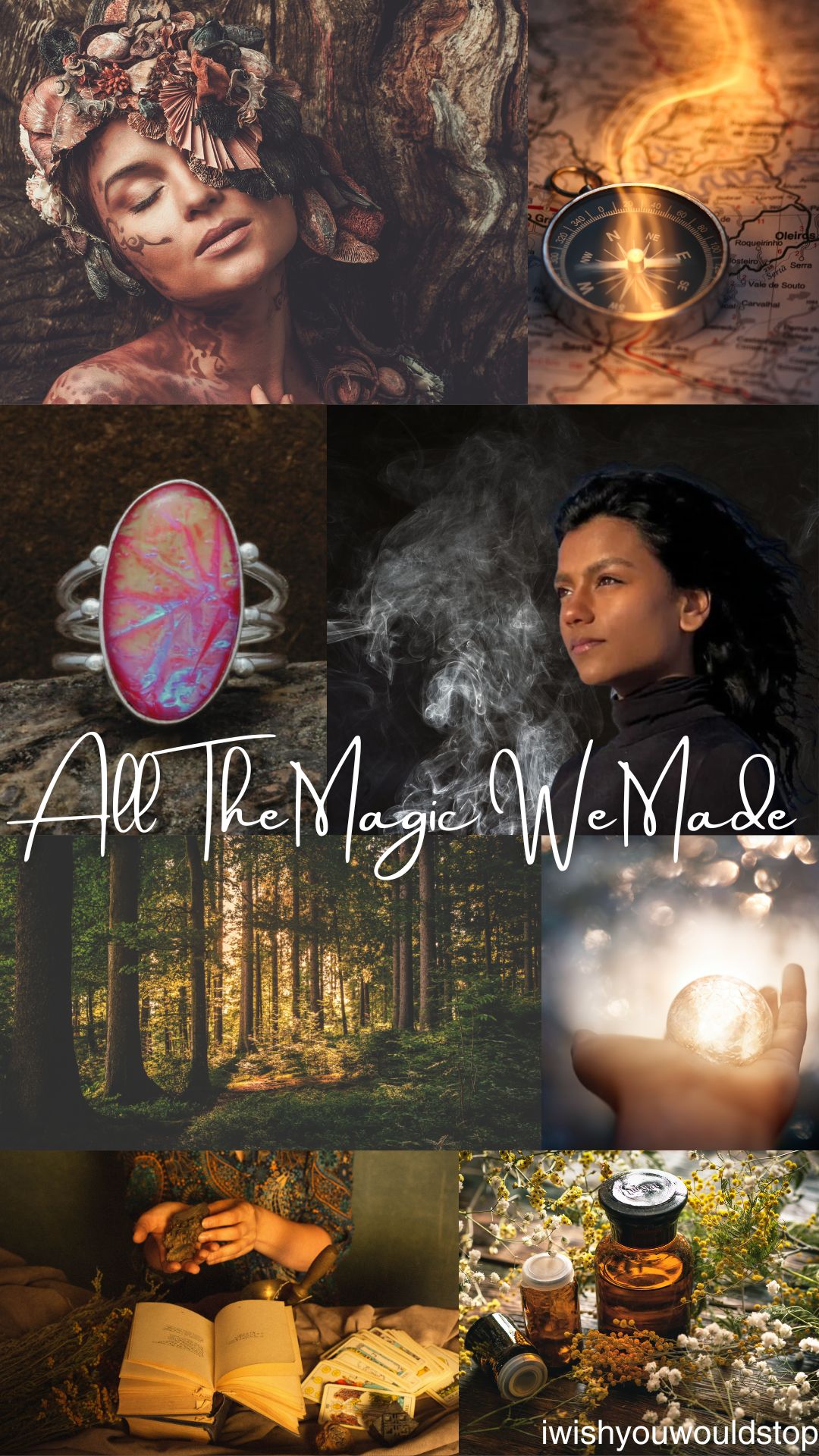 Kate is pictured with magical imagery including a glowing orb, bees, potion bottles, a dark forest, a glowing compass and bedecked in flowers and nature