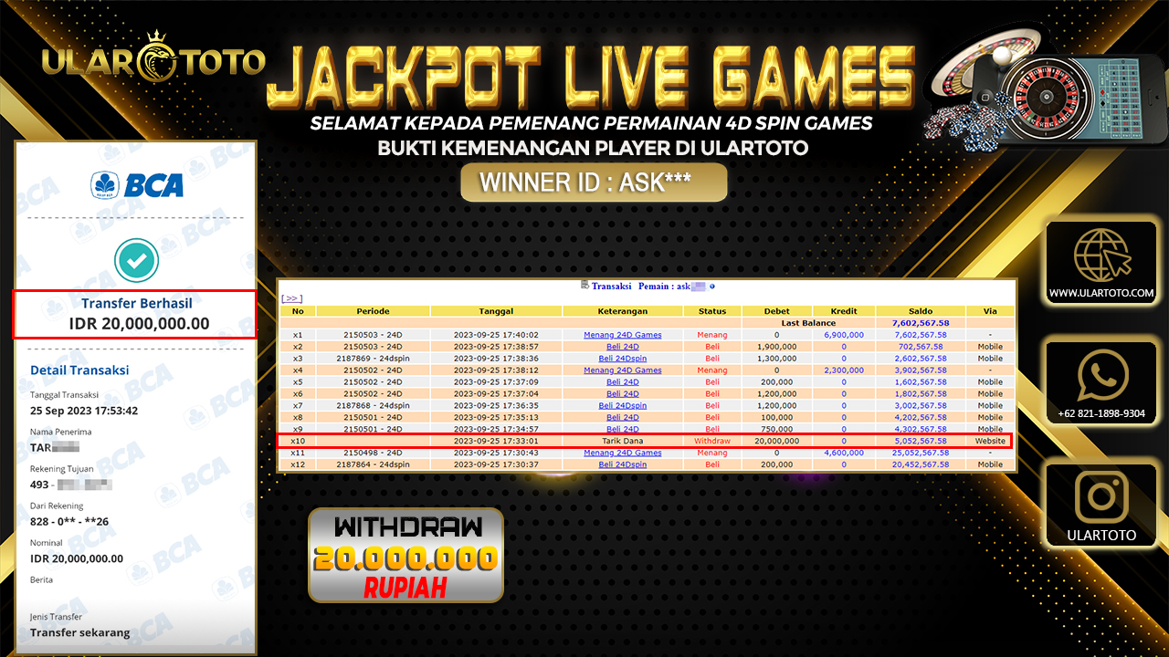 BUKTI PEMBAYARAN ULARTOTO LIVE GAMES 25 SEPTEMBER 2023 Rp. 20.000.000, - LUNAS