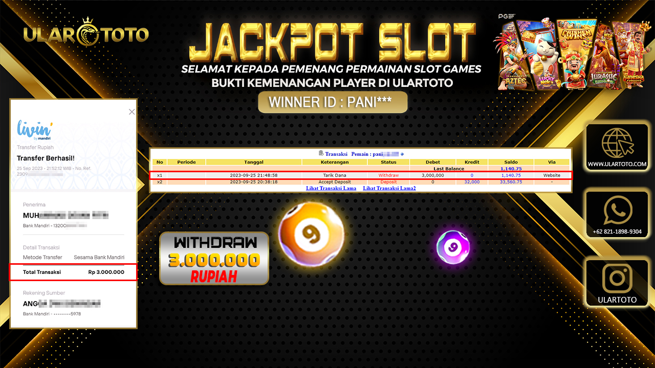BUKTI PEMBAYARAN ULARTOTO HARI INI SLOT GAMES 26 SEPTEMBER 2023 Rp. 3.000.000, - LUNAS