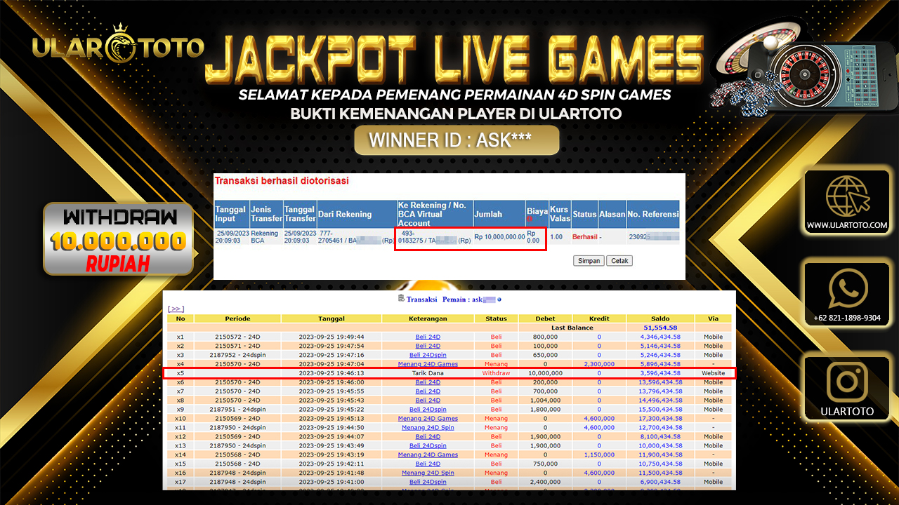 BUKTI PEMBAYARAN ULARTOTO LIVE GAMES 26 SEPTEMBER 2023 Rp. 10.000.000, - LUNAS