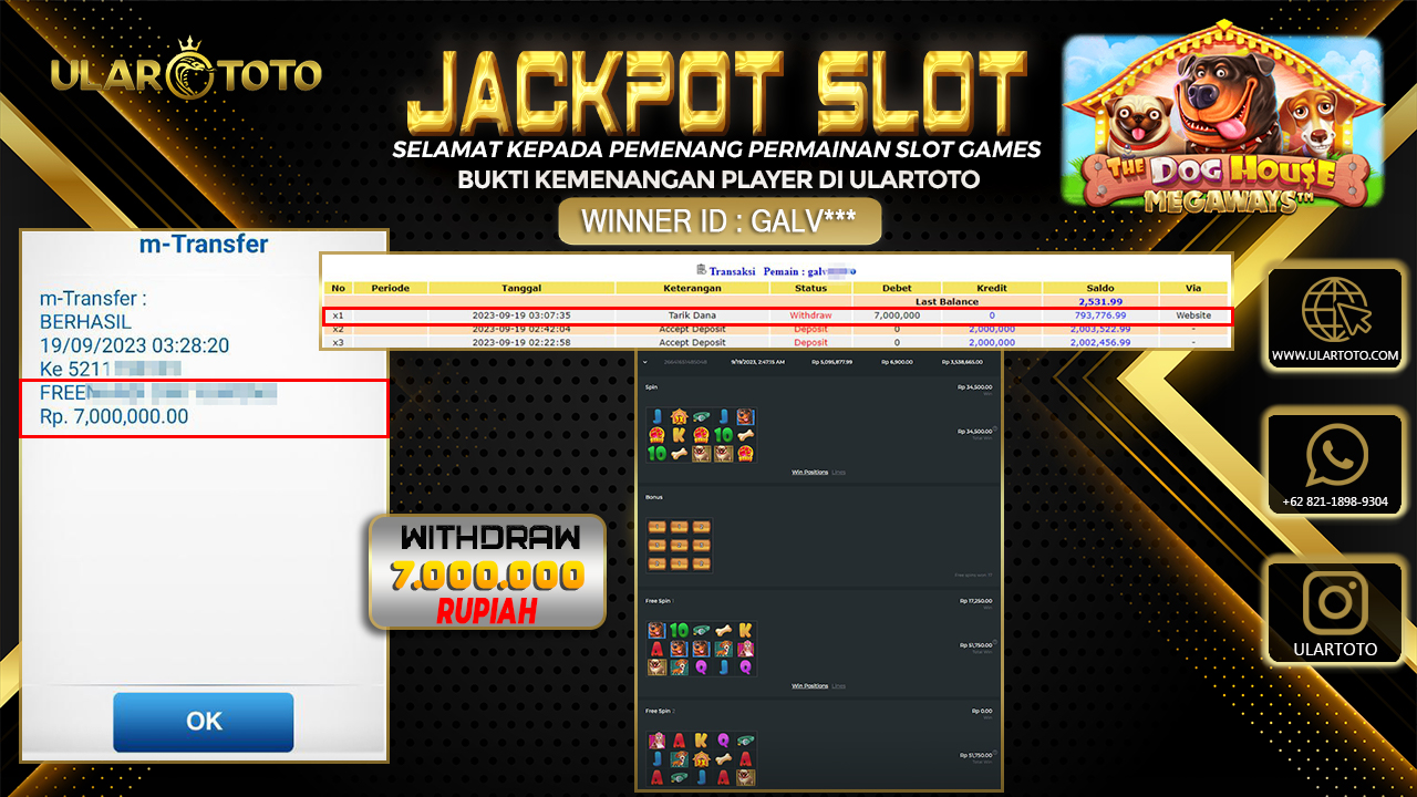 BUKTI PEMBAYARAN ULARTOTO HARI INI SLOT GAMES 21 SEPTEMBER 2023 Rp. 7.000.000, - LUNAS