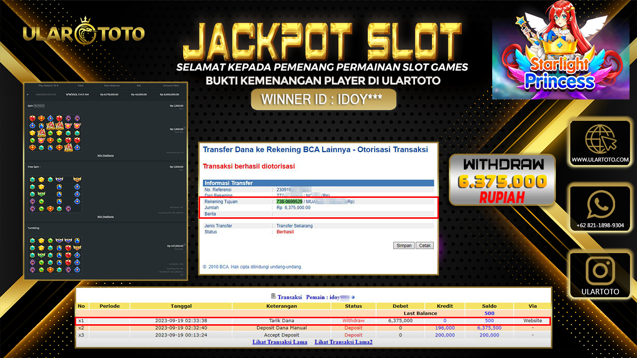 BUKTI PEMBAYARAN ULARTOTO HARI INI SLOT GAMES 21 SEPTEMBER 2023 Rp. 6.375.000, - LUNAS