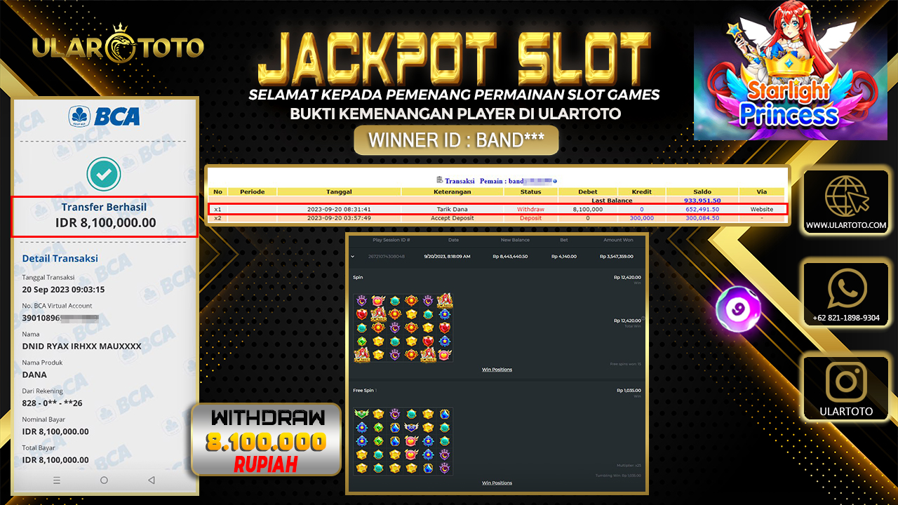 BUKTI PEMBAYARAN ULARTOTO HARI INI SLOT GAMES 21 SEPTEMBER 2023 Rp. 8.100.000, - LUNAS