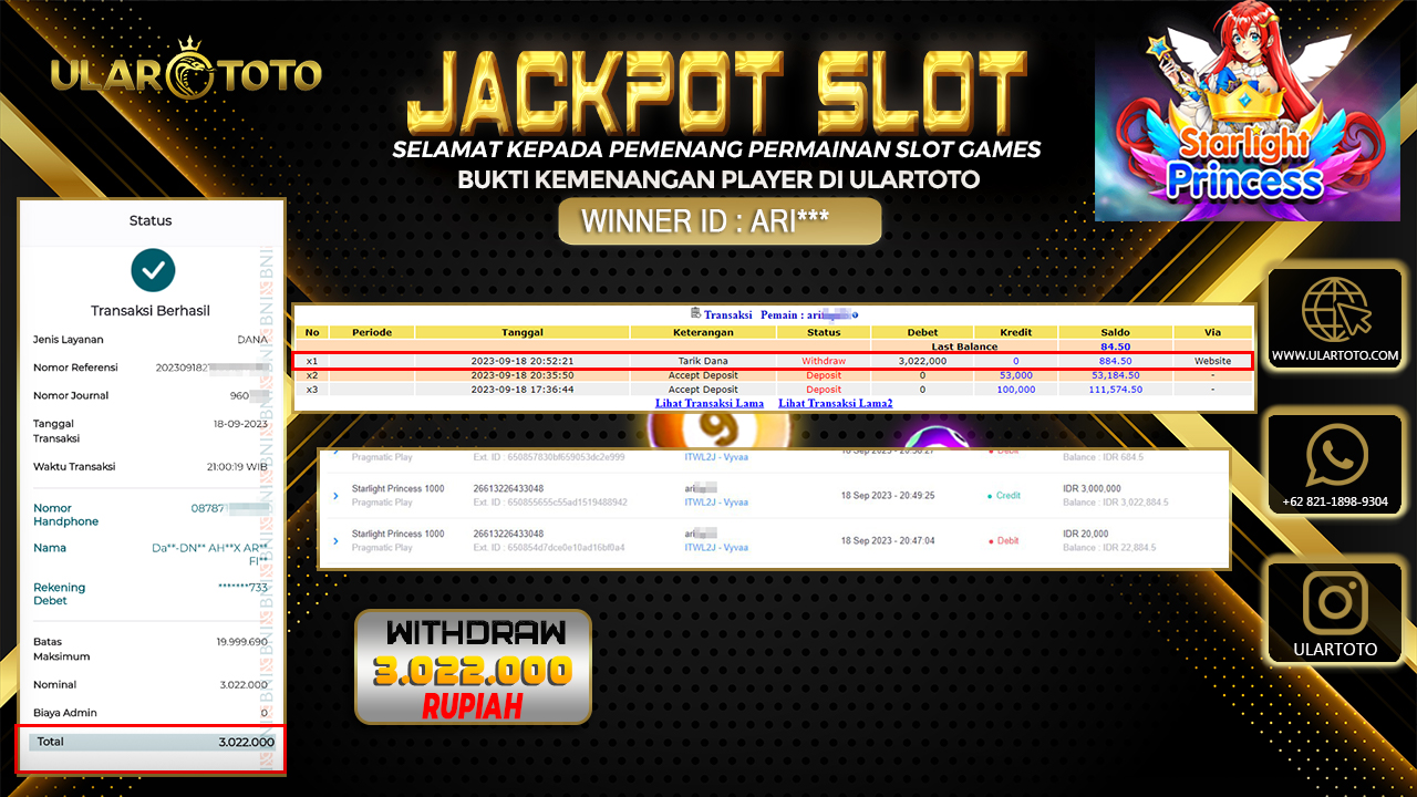 BUKTI PEMBAYARAN ULARTOTO HARI INI SLOT GAMES 21 SEPTEMBER 2023 Rp. 3.022.000, - LUNAS