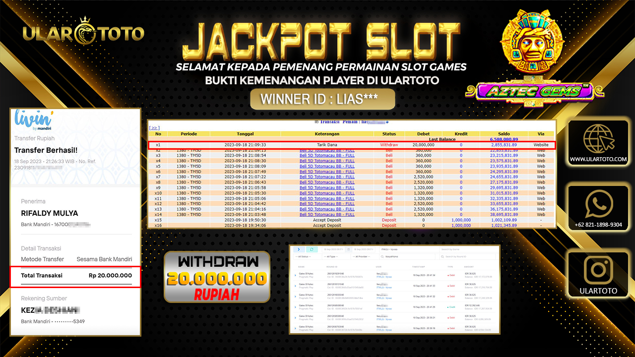 BUKTI PEMBAYARAN ULARTOTO HARI INI SLOT GAMES 21 SEPTEMBER 2023 Rp. 20.000.000, - LUNAS