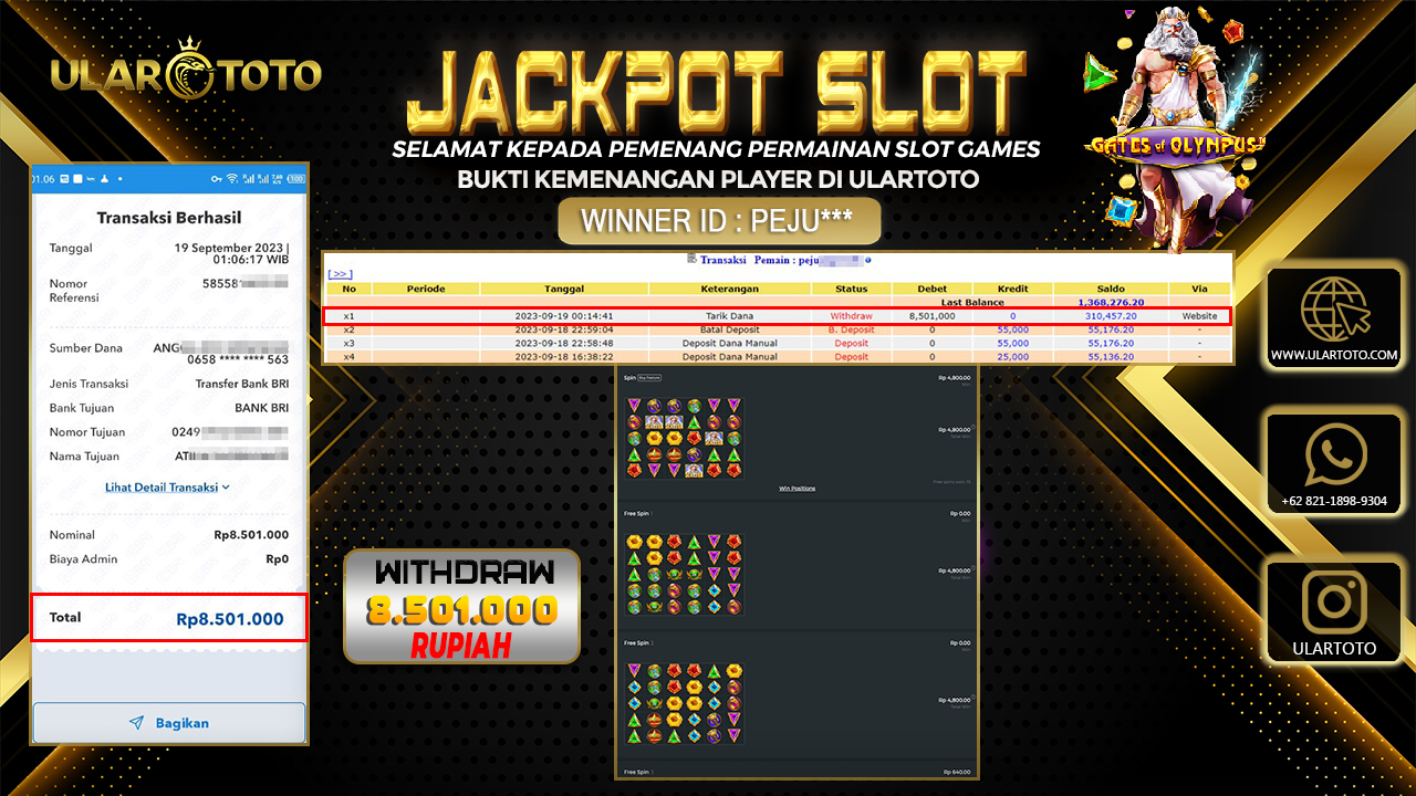 BUKTI PEMBAYARAN ULARTOTO HARI INI SLOT GAMES 21 SEPTEMBER 2023 Rp. 8.501.000, - LUNAS