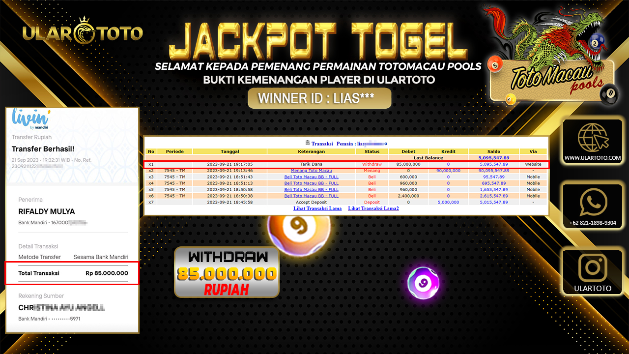 BUKTI PEMBAYARAN ULARTOTO TOTO MACAU POOLS 22 SEPTEMBER 2023 Rp. 85.000.000, - LUNAS
