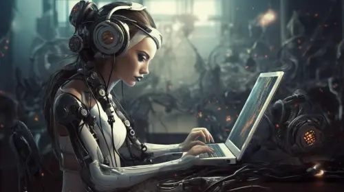 manu23 A cybernetic woman doing a transcription 05e185a2 d953 4338 8e28 b83ea4f23e38.webp