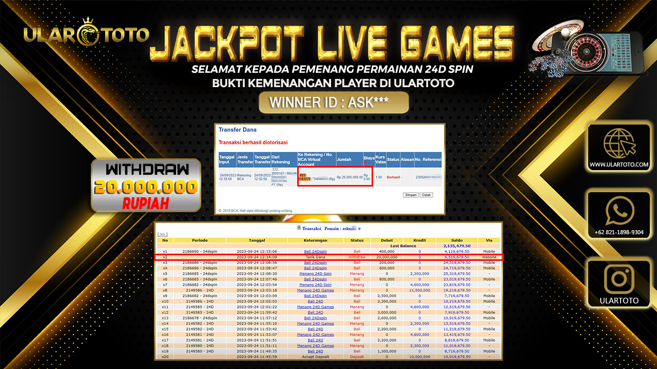 BUKTI PEMBAYARAN ULARTOTO LIVE GAMES 25 SEPTEMBER 2023 Rp. 20.000.000, - LUNAS