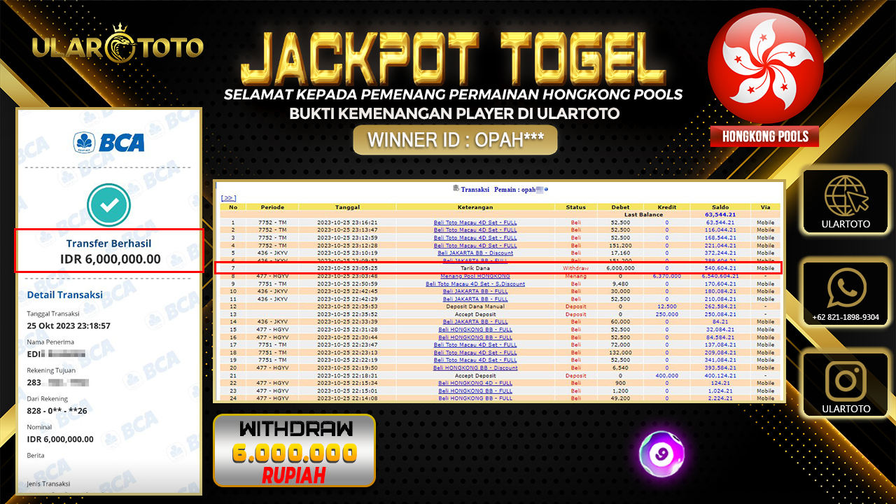 BUKTI PEMBAYARAN ULARTOTO HONGKONG POOLS 26 OKTOBER 2023 Rp. 6.000.000 - LUNAS