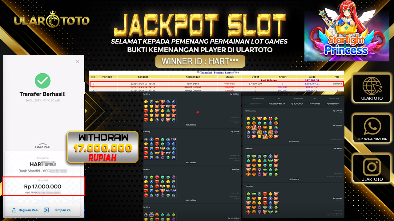 BUKTI PEMBAYARAN ULARTOTO HARI INI SLOT GAMES 26 OKTOBER 2023 Rp. 17.000.000, - LUNAS