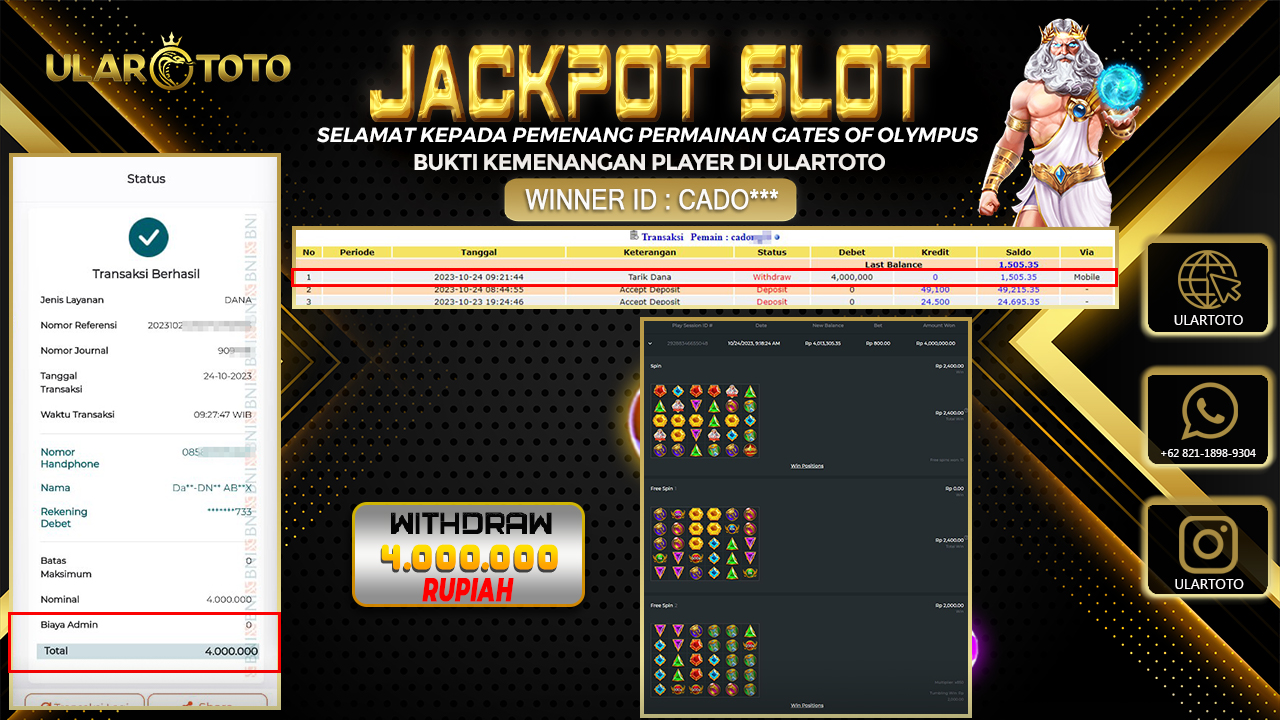 BUKTI PEMBAYARAN ULARTOTO HARI INI SLOT GAMES 24 OKTOBER 2023 Rp. 4.000.000, - LUNAS