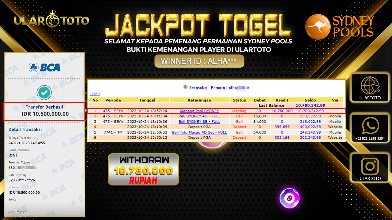 BUKTI PEMBAYARAN ULARTOTO SYDNEY POOLS 24 OKTOBER 2023 Rp. 10.780.000 - LUNAS