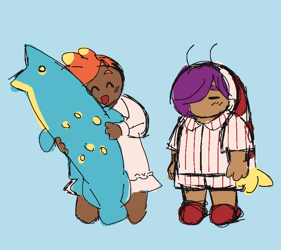 Goby and Pistol in pajamas, Goby is hugging a huge fish plush