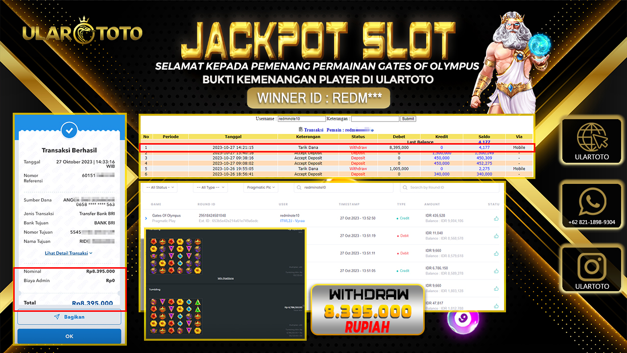 BUKTI PEMBAYARAN ULARTOTO HARI INI SLOT GAMES 27 OKTOBER 2023 Rp. 8.395.000, - LUNAS