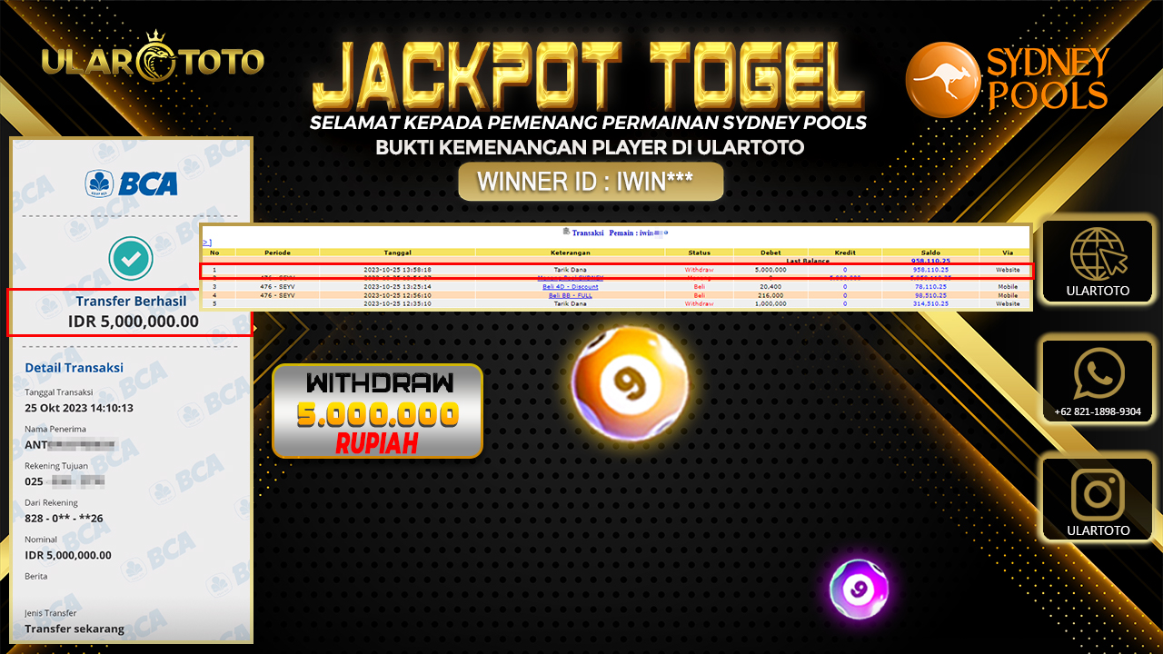 BUKTI PEMBAYARAN ULARTOTO SYDNEY POOLS 25 OKTOBER 2023 Rp. 5.000.000 - LUNAS