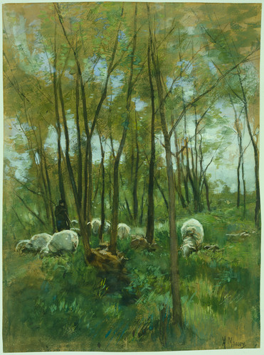 Mauve, Anton Стадо овец в лесу, 1888, 470 mm x 345 mm, Рисунок, акварель