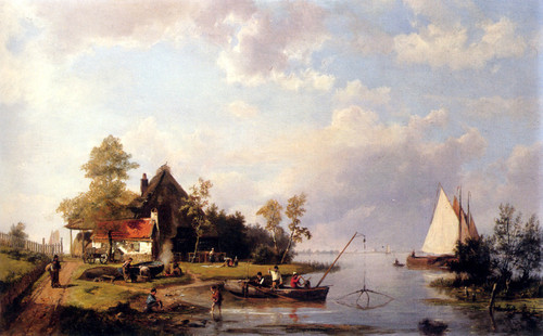 Koekkoek Hermanus A River Landscape With A Ferry And Figures Mending A Boat
