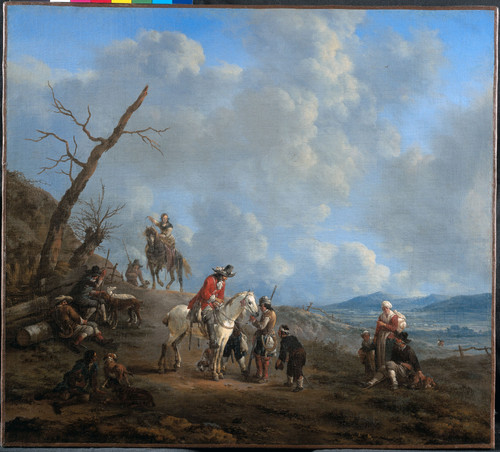 Lingelbach, Johannes Пейзаж с всадниками, охотниками и крестьянами, 1674, 50 cm х 56 cm, Холст, масл