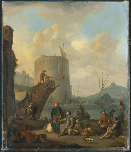 Lingelbach, Johannes Итальянская гавань с крепостной башней, 1664, 78 cm х 66 cm, Холст, масло