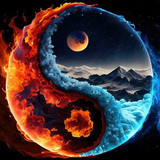 fire and ice climate in the yin and yang on dark background abstract and contrast symbol concept gen