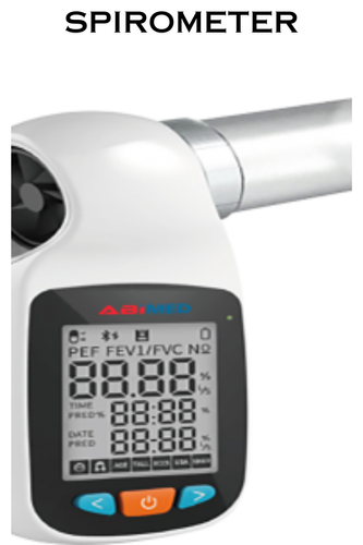 A spirometer is a medical device used to measure lung function by assessing the volume and flow rate of air that a patient can inhale and exhale. Low Battery Indication. Bluetooth Transmission.