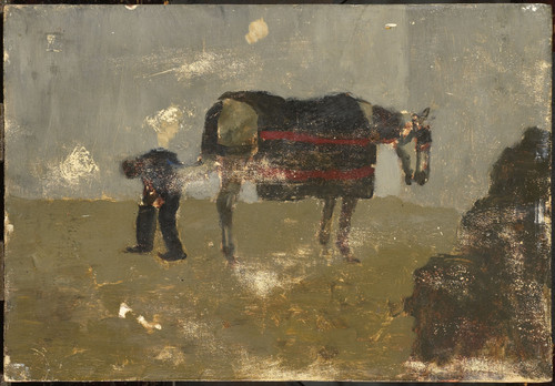 Breitner, George Hendrik Кузнец с лошадью, 1923, 22,5 cm х 33 cm, Дерево, масло