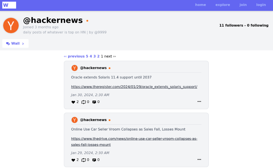 Screenshot of the wasteof.money website, the profile of &quot;@hackernews&quot; is visible, the bio page reads &quot;daily posts of whatever is top on HN | by @9999&quot;, the latest post reads &quot;Oracle extends Solaris 11.4 support until 2037&quot;