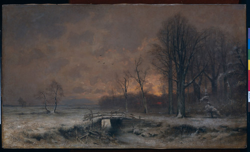 Apol, Louis Зимний вид с закатом между деревьями, 1930, 53,5 cm x 92 cm, Холст, масло