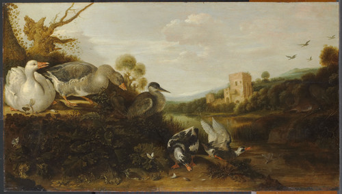 Hondecoeter, Gijsbert Gillisz de Водоплавающие птицы, 1652, 39 cm x 104 cm, Дерево, масло