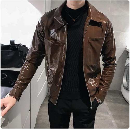 Wet Look Punk Men PVC Jacket Latex PVC Long Sleeve Coat Chic Private Party Jackets Unisex 2.jpg