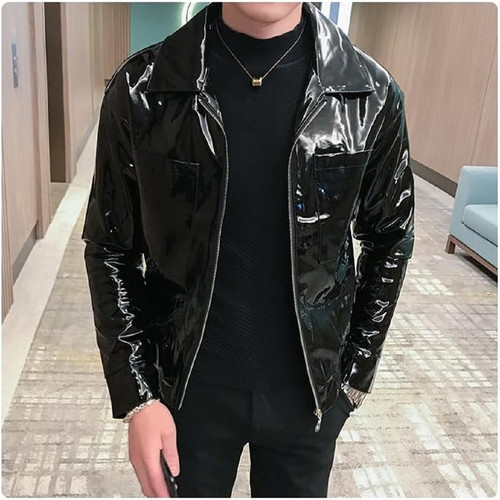 Black Wet Look Punk Men PVC Jacket Latex PVC Long Sleeve Coat Chic Private Party Unisex 1.jpg