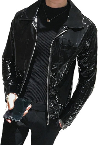 Black Wet Look Punk Men PVC Jacket Latex PVC Long Sleeve Coat Chic Private Party Unisex 0.jpg