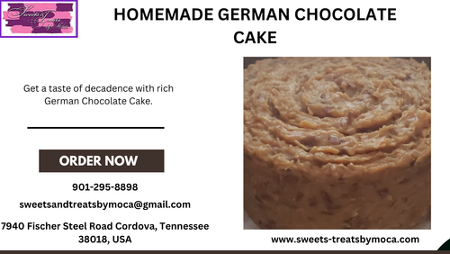 Get ready to enjoy the rich and decadent delight of our homemade german chocolate cake. Made from scratch with premium ingredients, this moist and flavorful cake is layered with coconut-pecan filling and topped with a luscious chocolate frosting. Order now!

Visit: https://sweets-treatsbymoca.com/products/traditional-cakes/german-chocolate-cake-53185841