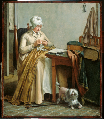 Hendriks, Wybrand Интерьер с женщиной, которая шьёт, 1810, 34,4 cm х 29,3 cm, Дерево, масло