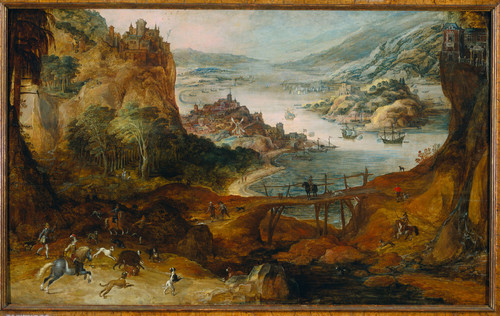 Momper, Joos de II Речной пейзаж с охотой на кабана, 1635, 121 cm x 196,5 cm, Дерево, масло