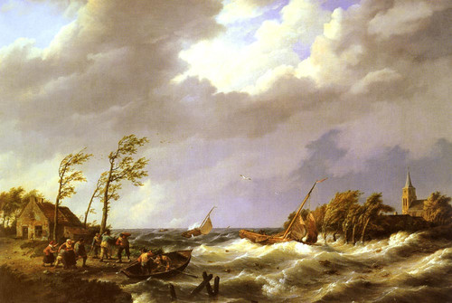 Koekkoek Johannes Hermanus Dutch fishing Vessel caught On a Lee Shore With Villagers