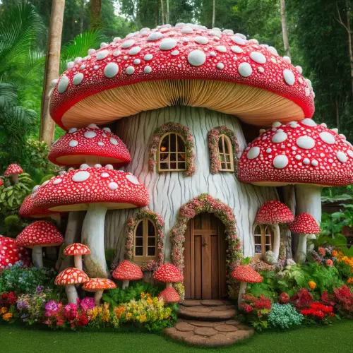 DALL·E 2024 05 18 14.05.46 A whimsical house made entirely out of mushrooms, with the colors matchin.webp