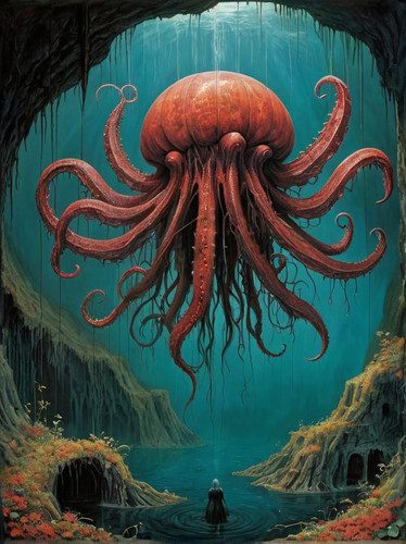 A+surreal+hyperrealistic+painting+of+an+upside down+world+with+a+gigantic+kraken+emerging+from+the+s.jpg