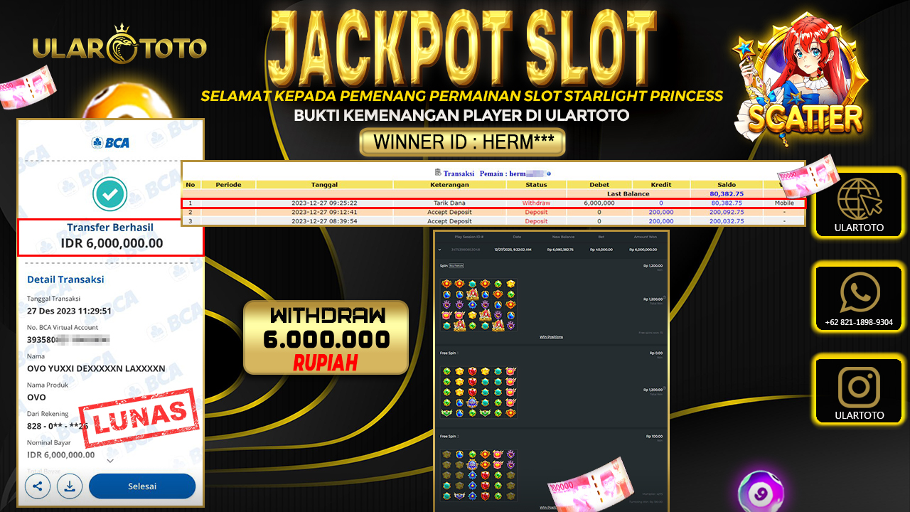 BUKTI PEMBAYARAN ULARTOTO HARI INI SLOT GAMES 27 DESEMBER 2023 Rp. 6.000.000, - LUNAS