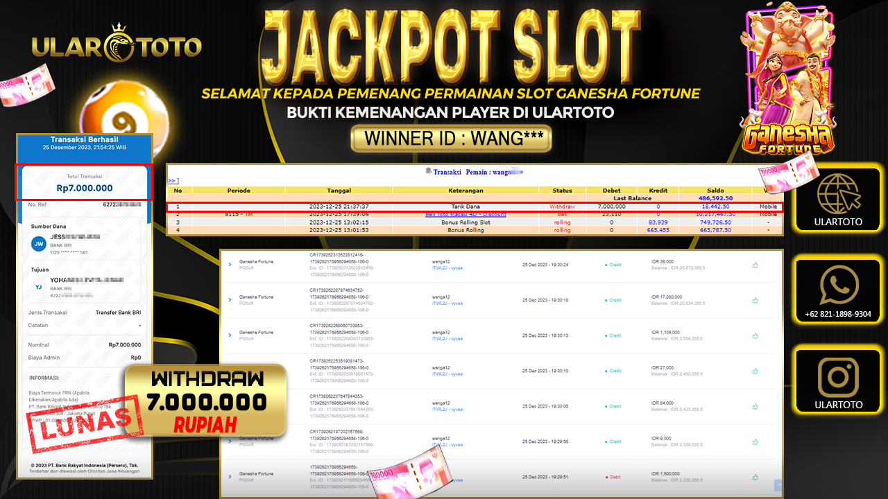 BUKTI PEMBAYARAN ULARTOTO HARI INI SLOT GAMES 26 DESEMBER 2023 Rp. 7.000.000, - LUNAS