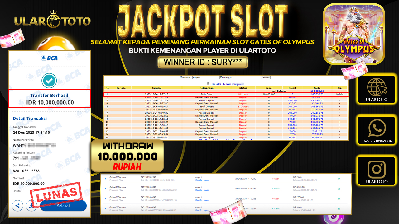 BUKTI PEMBAYARAN ULARTOTO HARI INI SLOT GAMES 25 DESEMBER 2023 Rp. 10.000.000, - LUNAS