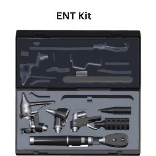 ENT kit AM-ESA12 is a specially designed set of tools for better diagnosis of the ear, nose, and tongue. It enables easy visual examination of the eardrum and the passage of the outer ear. Adjustable light and lens provide clear view to the health professional.