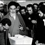 Ayatollah Khomeini, the leader and the founder of Iran's 1979 Islamic revolution at voting poll at h