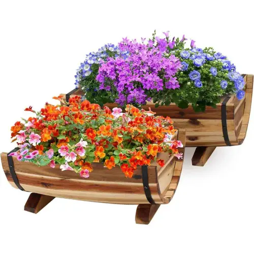 Wood Half Barrel Planters Outdoor Set of 2 Different Sizes, Wooden Planters Plants with Metal Bands 